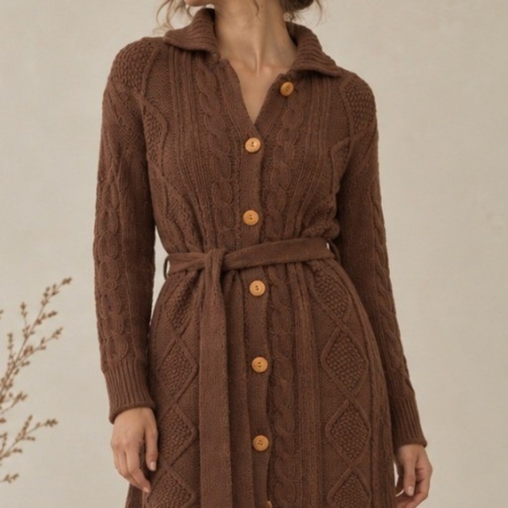 Vintage Cardigan Sweater Cable Knit Belted 1X Brown Longline Button Academia Y2K